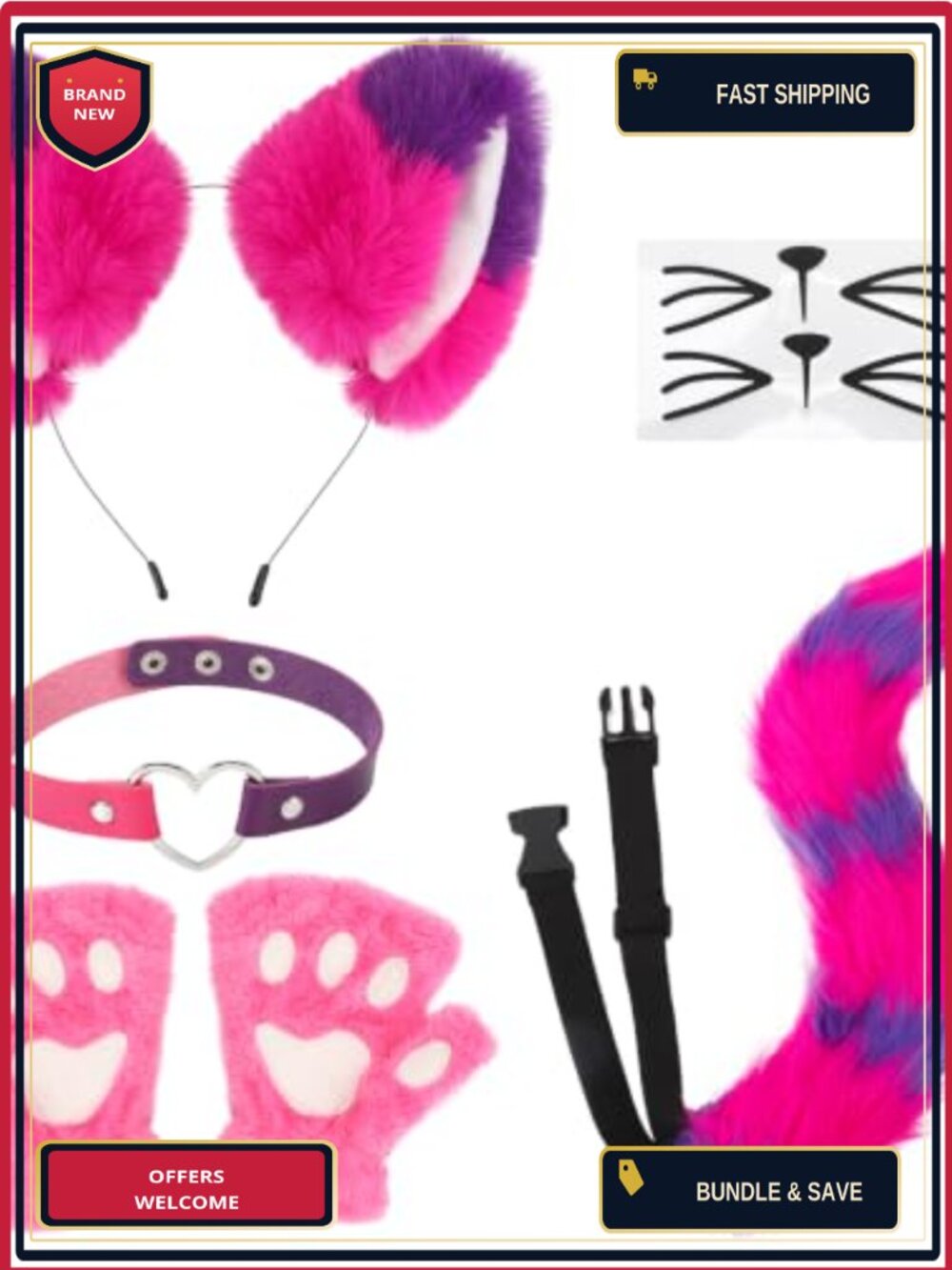 Cat Costume Set 5 Pcs Cosplay Accessories Ears Gloves Collar Tail for Halloween